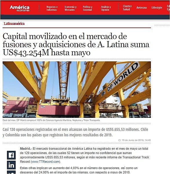 Capital movilizado en el mercado de fusiones y adquisiciones de A. Latina suma US$43.254M hasta mayo